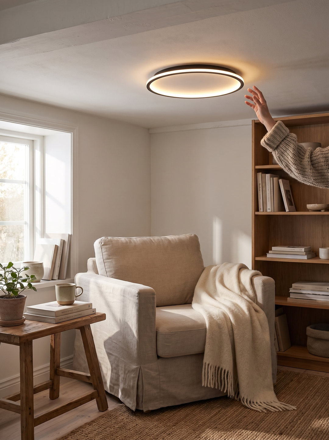 Lumenorth Halo Ceiling Light Black in a room with a low ceiling