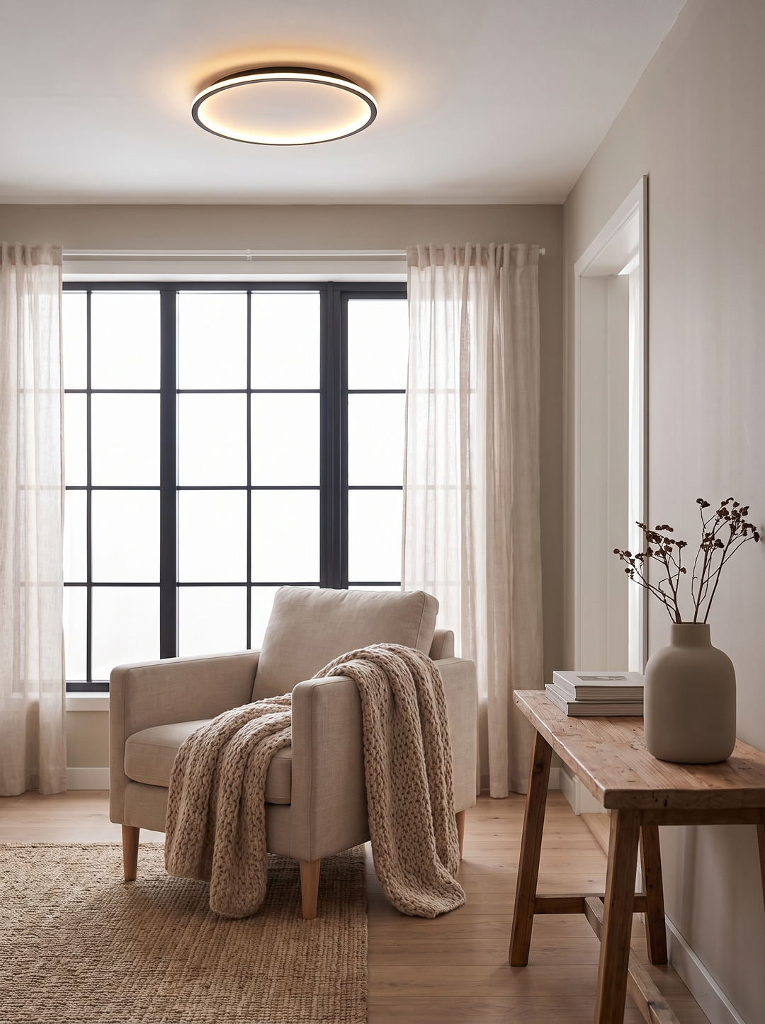 Lumenorth Halo Ceiling Light Black with black window frames and dark joinery