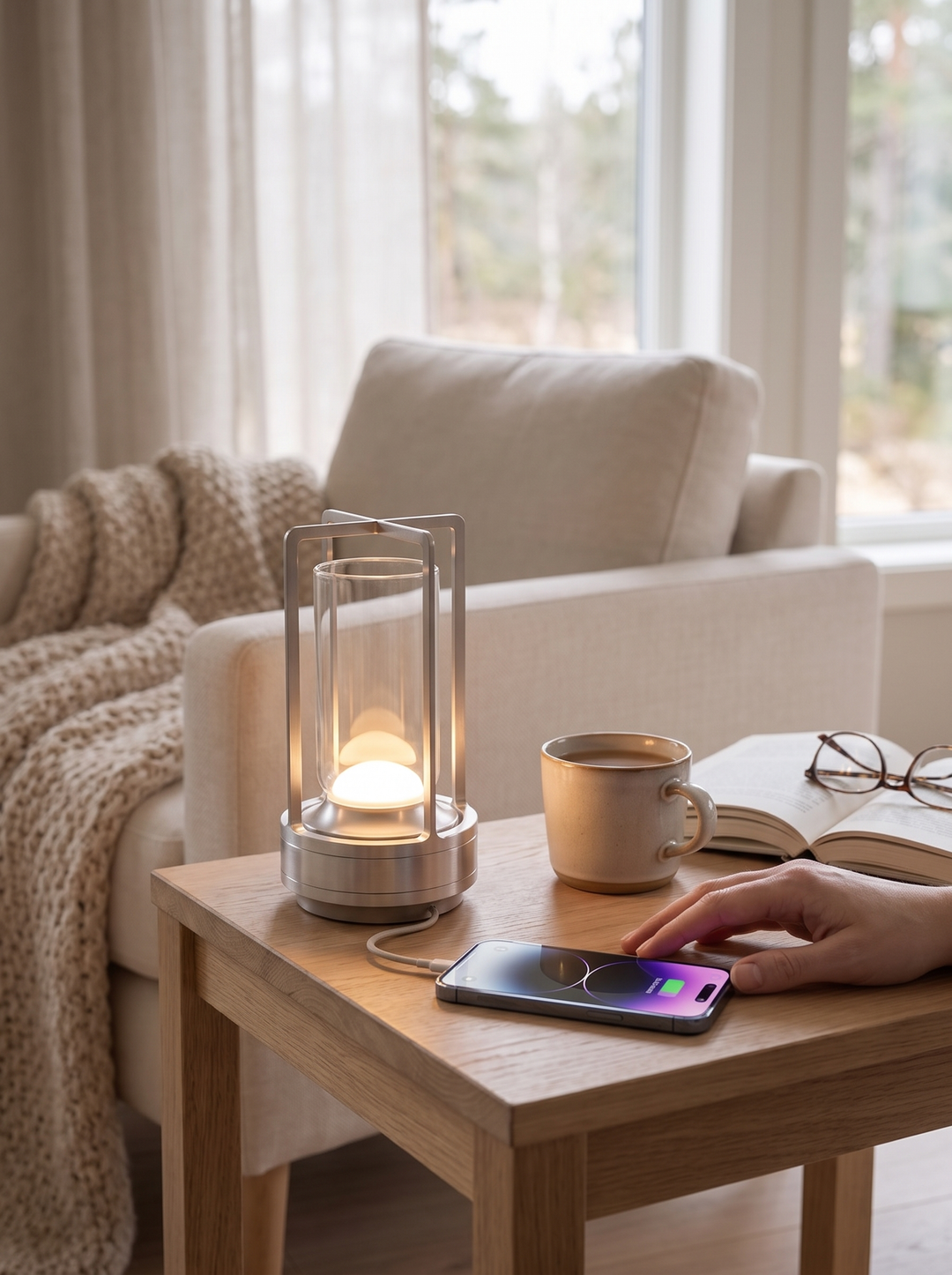 Lumenorth Nomad Rechargeable Table Lamp charging a phone on a bedside table