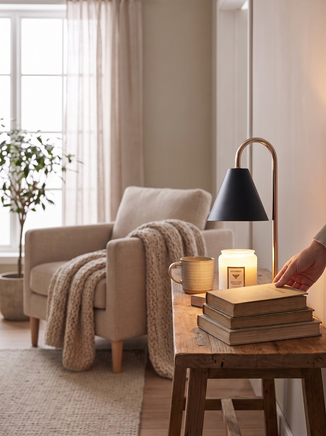 Lumenorth Arc Candle Warmer Lamp with its curved arm over a candle