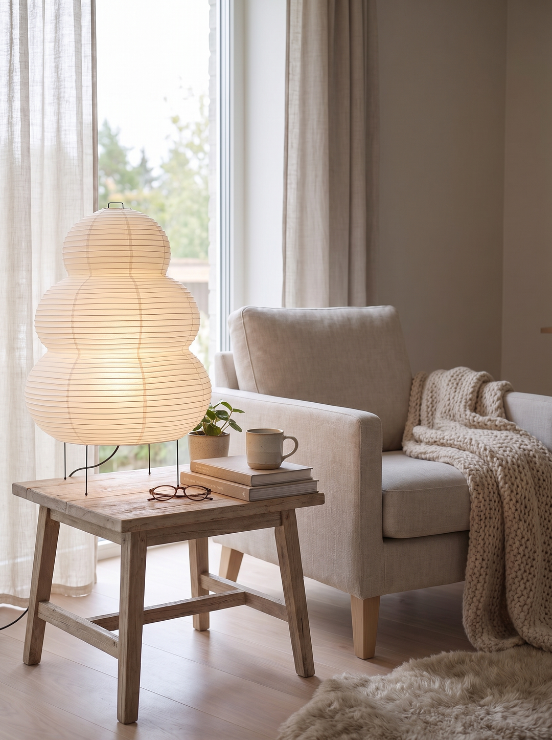 Lumenorth Mist Rice Paper Table Lamp beside a reading chair