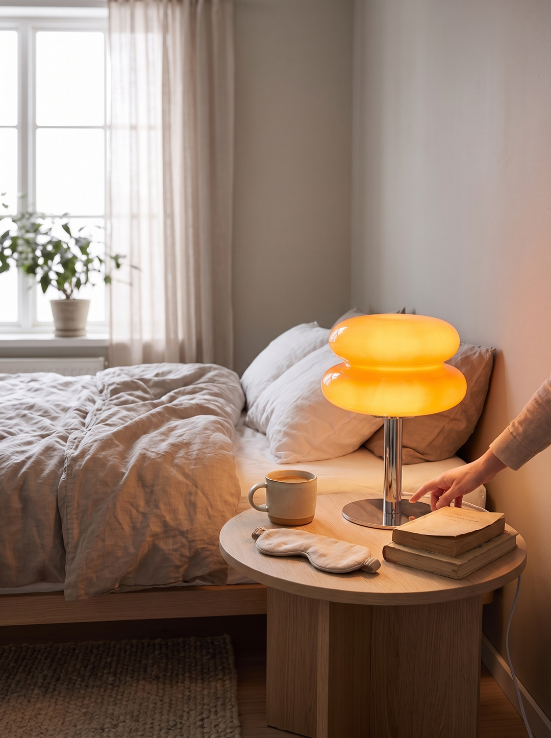 Lumenorth Opal Macaron Table Lamp switched to a warmer light tone