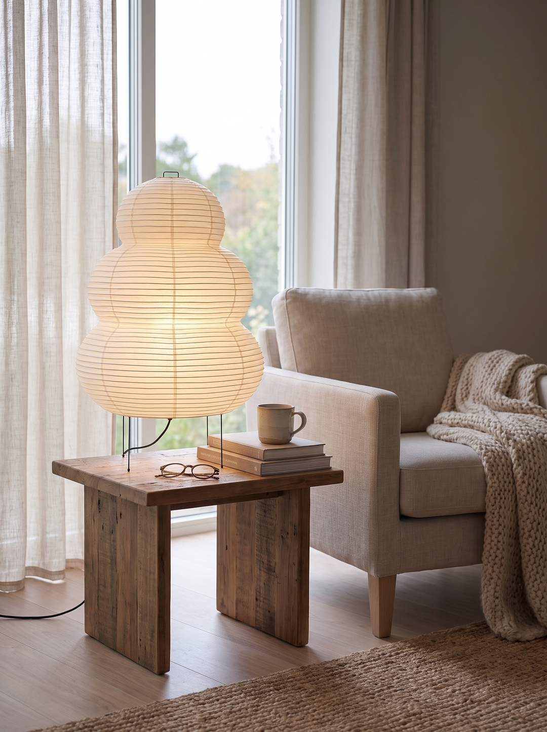 Lumenorth Mist Rice Paper Table Lamp filling a corner with warmth