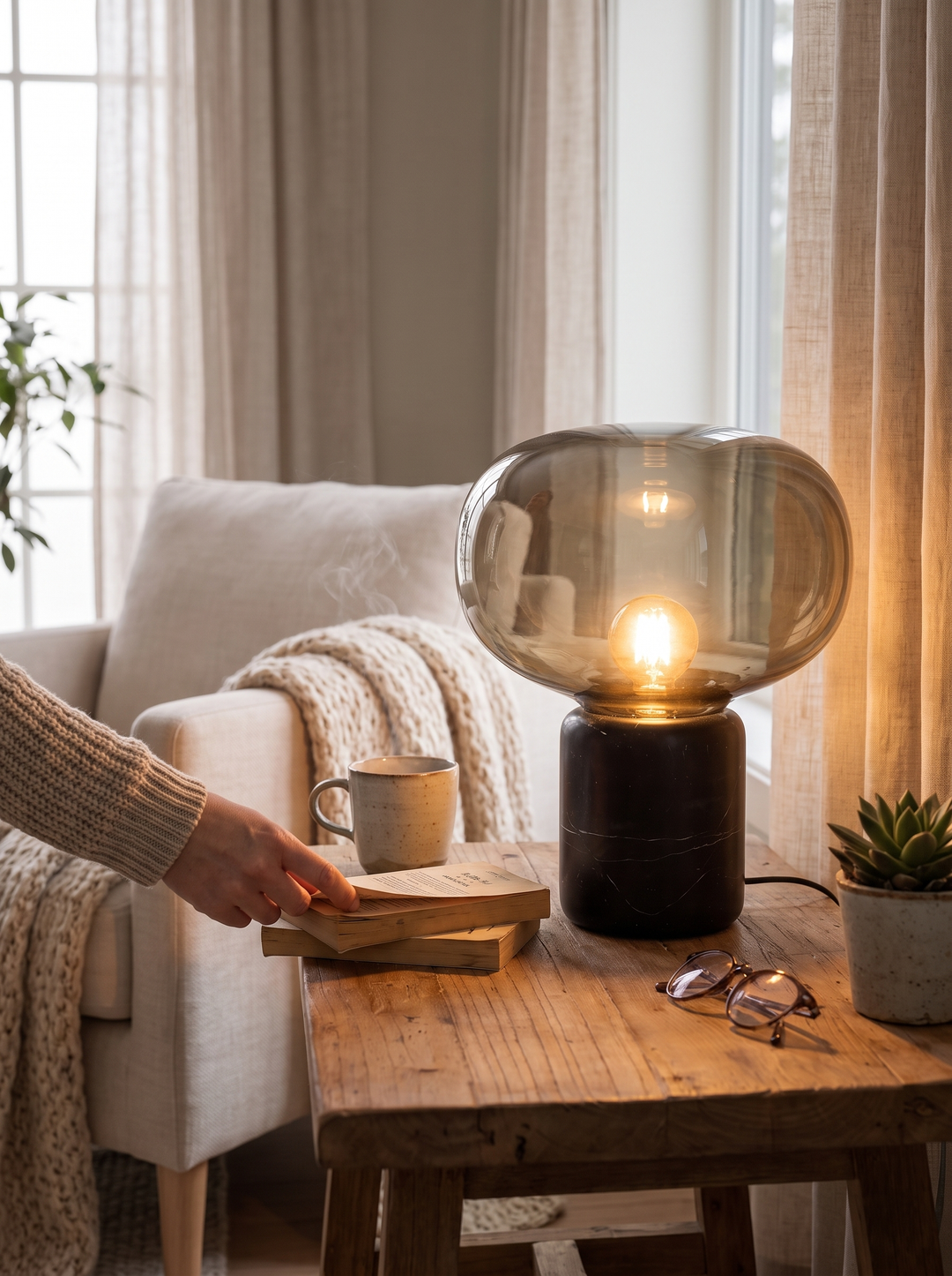 Lumenorth Amber Glass Table Lamp casting a low golden pool of light