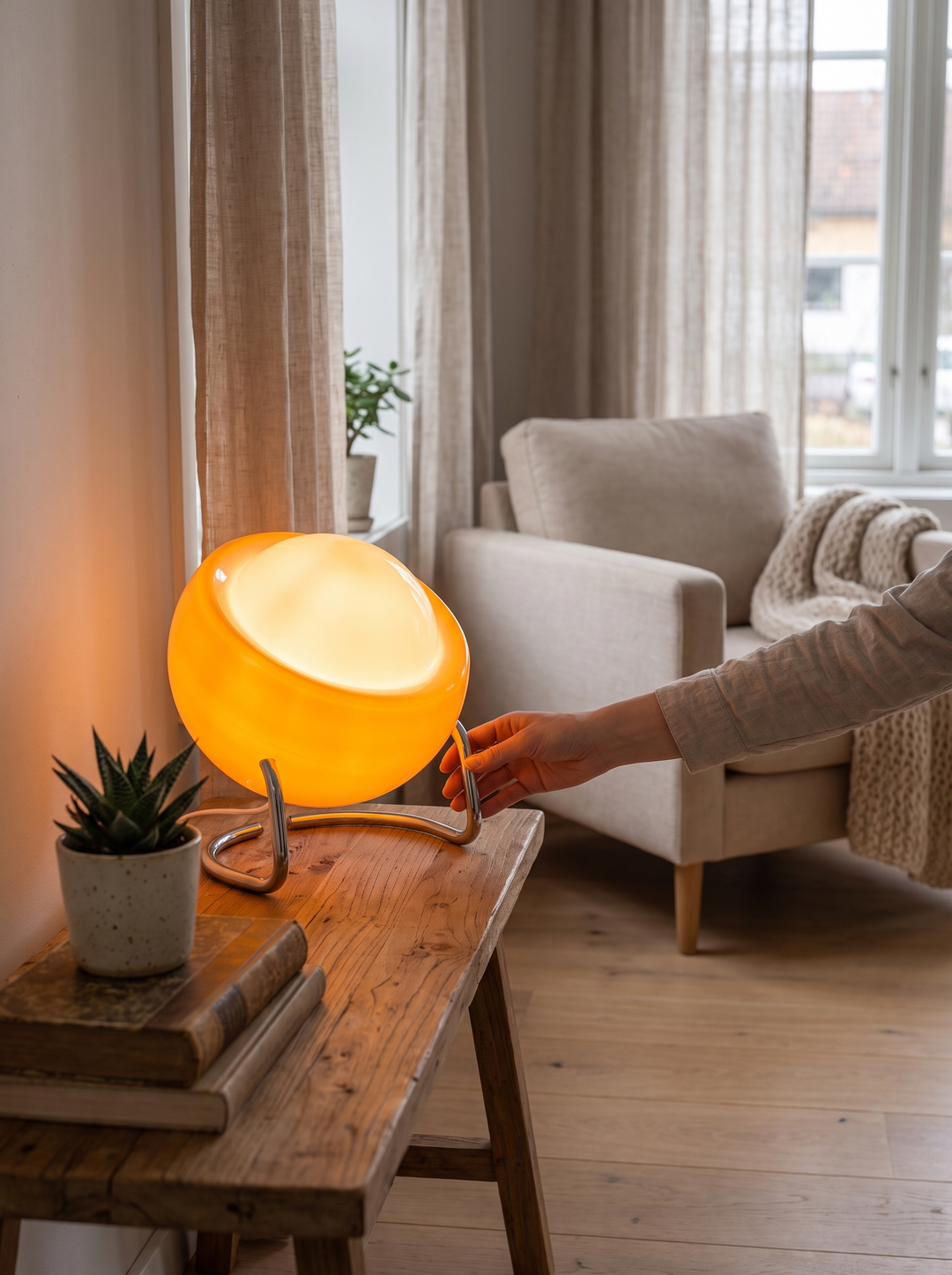 Lumenorth Sienna Orange Glass Table Lamp sharing a shelf with books
