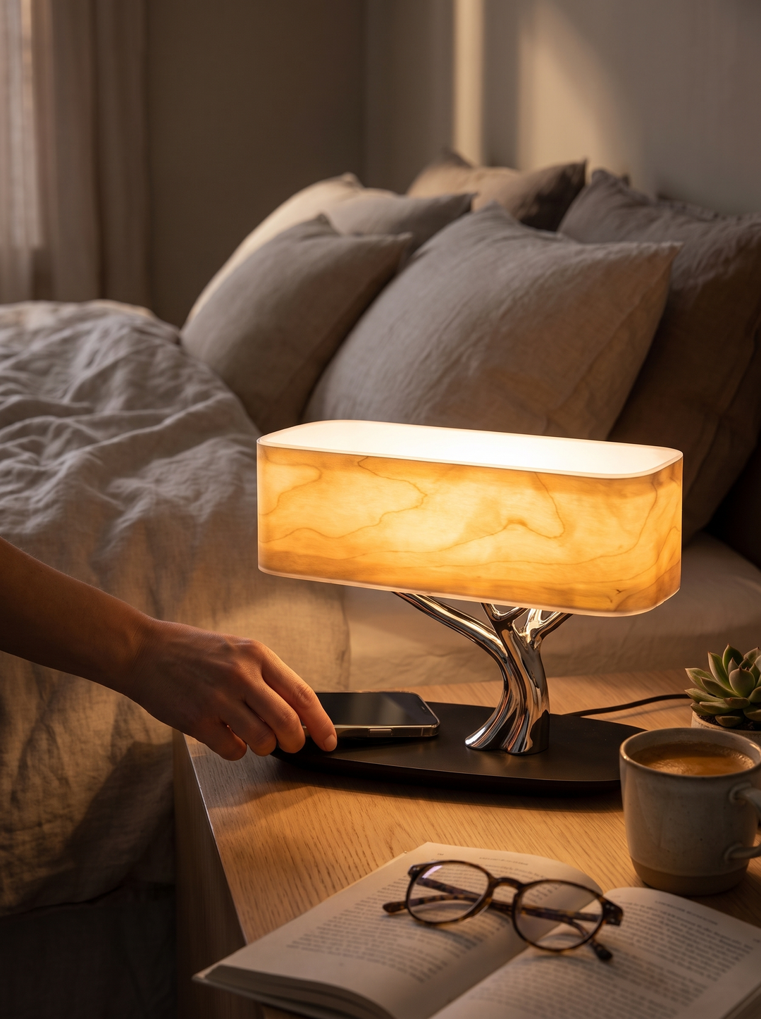 Cherry wood grain glowing under the Lumenorth Grove lamp shade