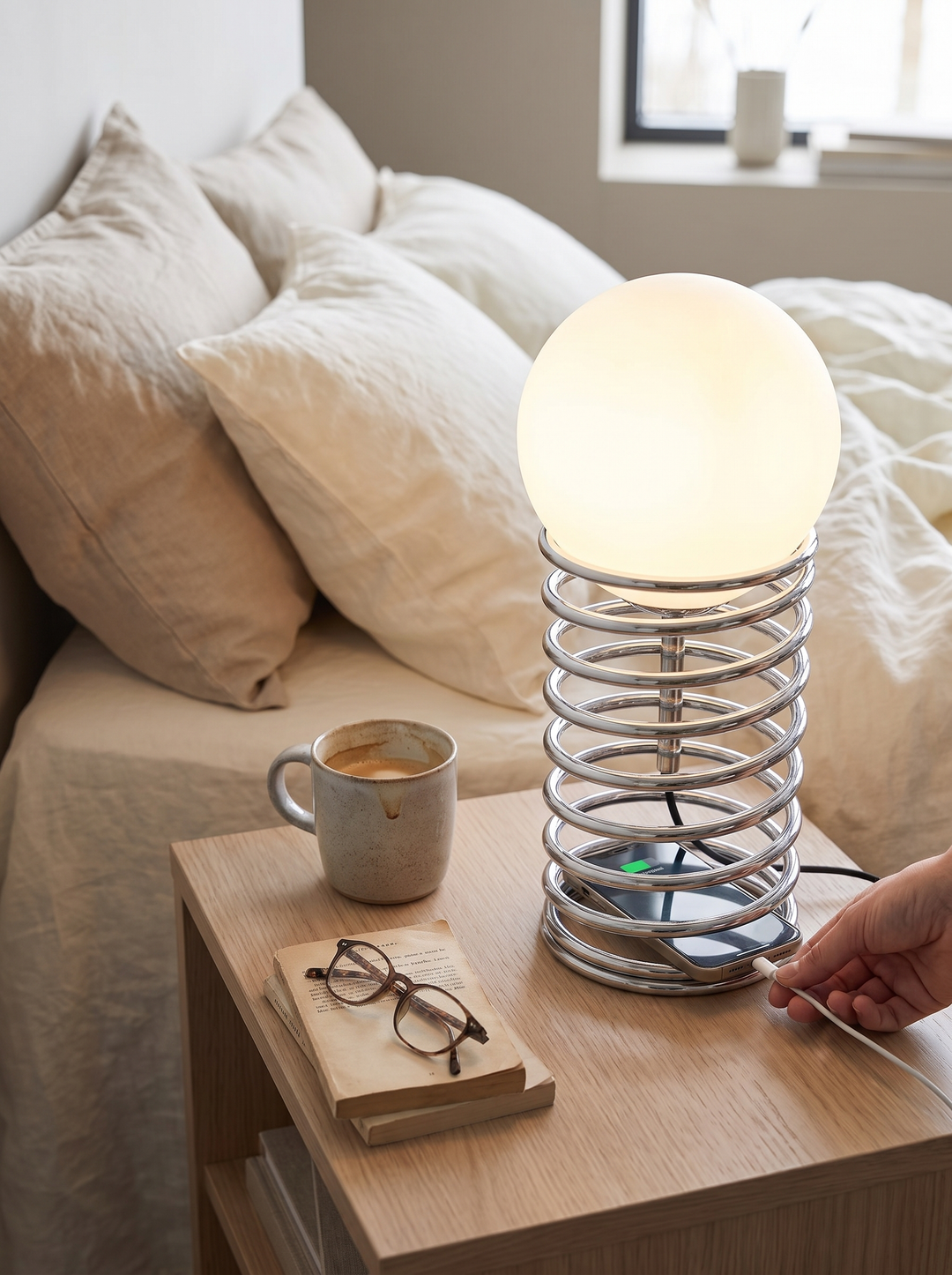 USB charging point built into the base of the Lumenorth Helix lamp