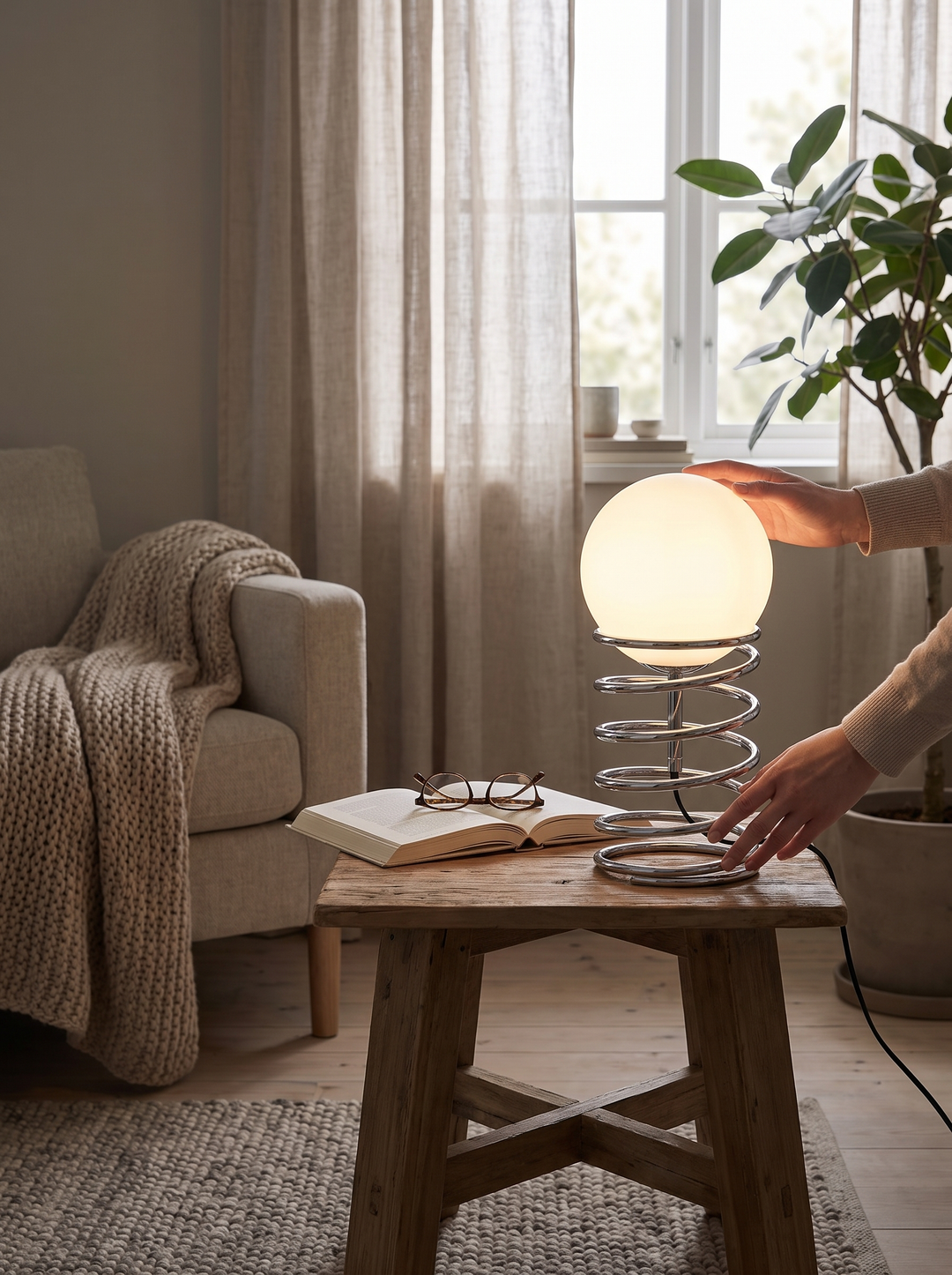 Soft white glass globe of the Lumenorth Helix lamp glowing evenly