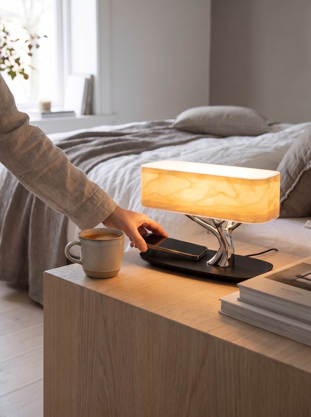 A phone charging on the base of the Lumenorth Grove lamp