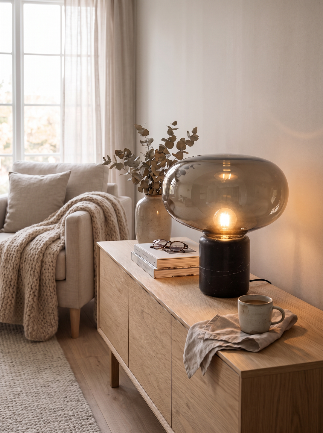 Lumenorth Amber Glass Table Lamp anchoring a side table beside a sofa