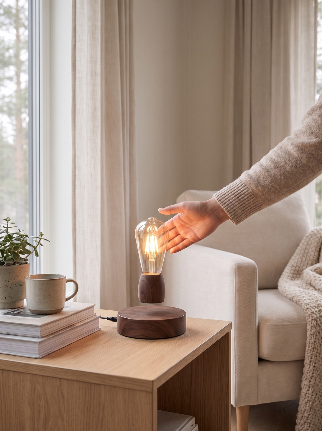 A hand passing through the gap under the Lumenorth Float Levitating Lamp