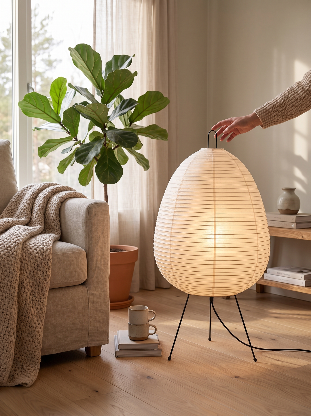 Lumenorth Frost Rice Paper Tripod Lamp on slim iron legs