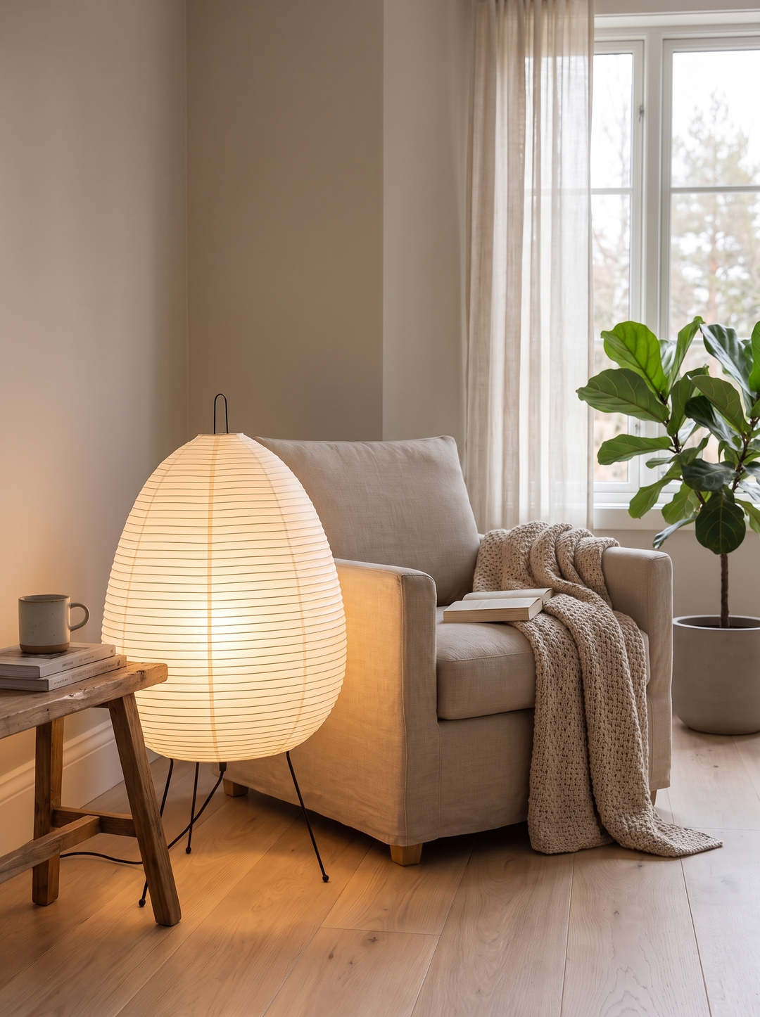 Lumenorth Frost Rice Paper Tripod Lamp giving an ambient glow