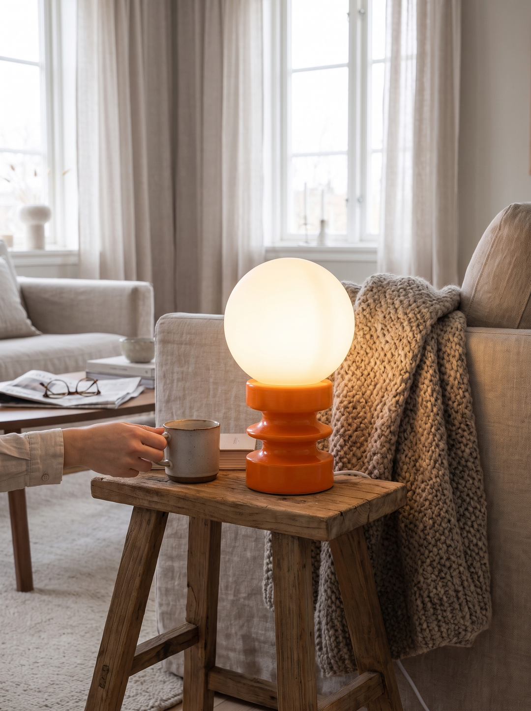 Lumenorth Spool Small Table Lamp giving even light beside a seat