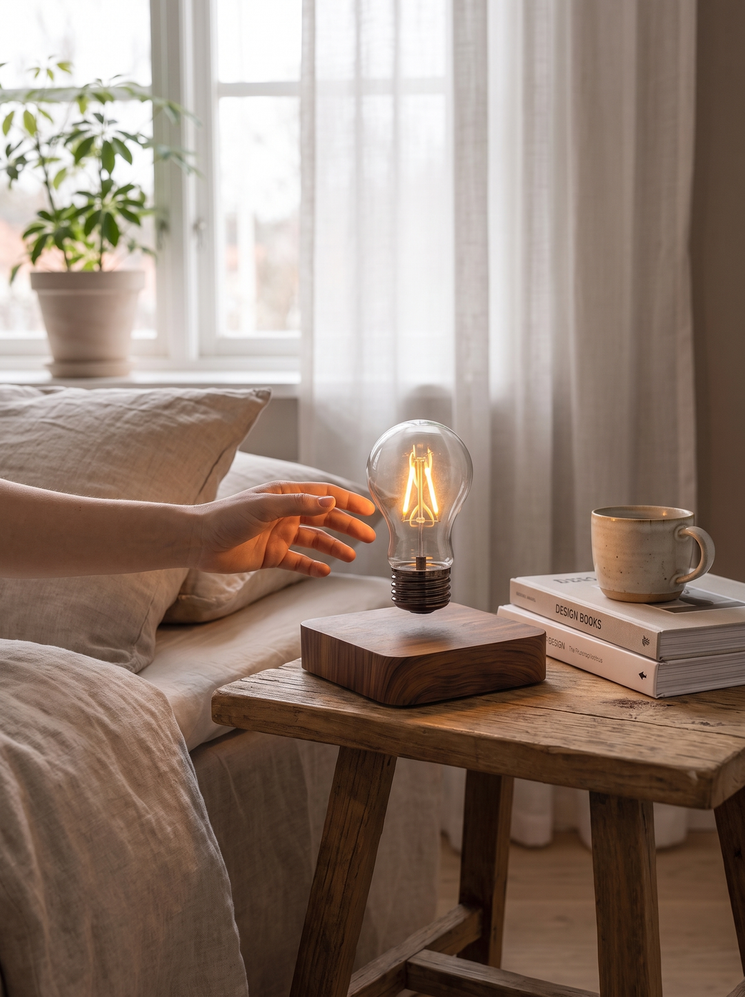 Lumenorth Float Levitating Lamp with the bulb suspended above the base