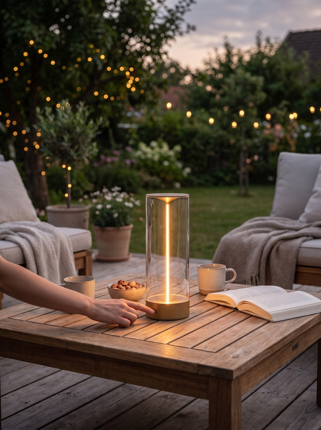 Lumenorth Beacon Cordless Table Lamp on a garden table at dusk