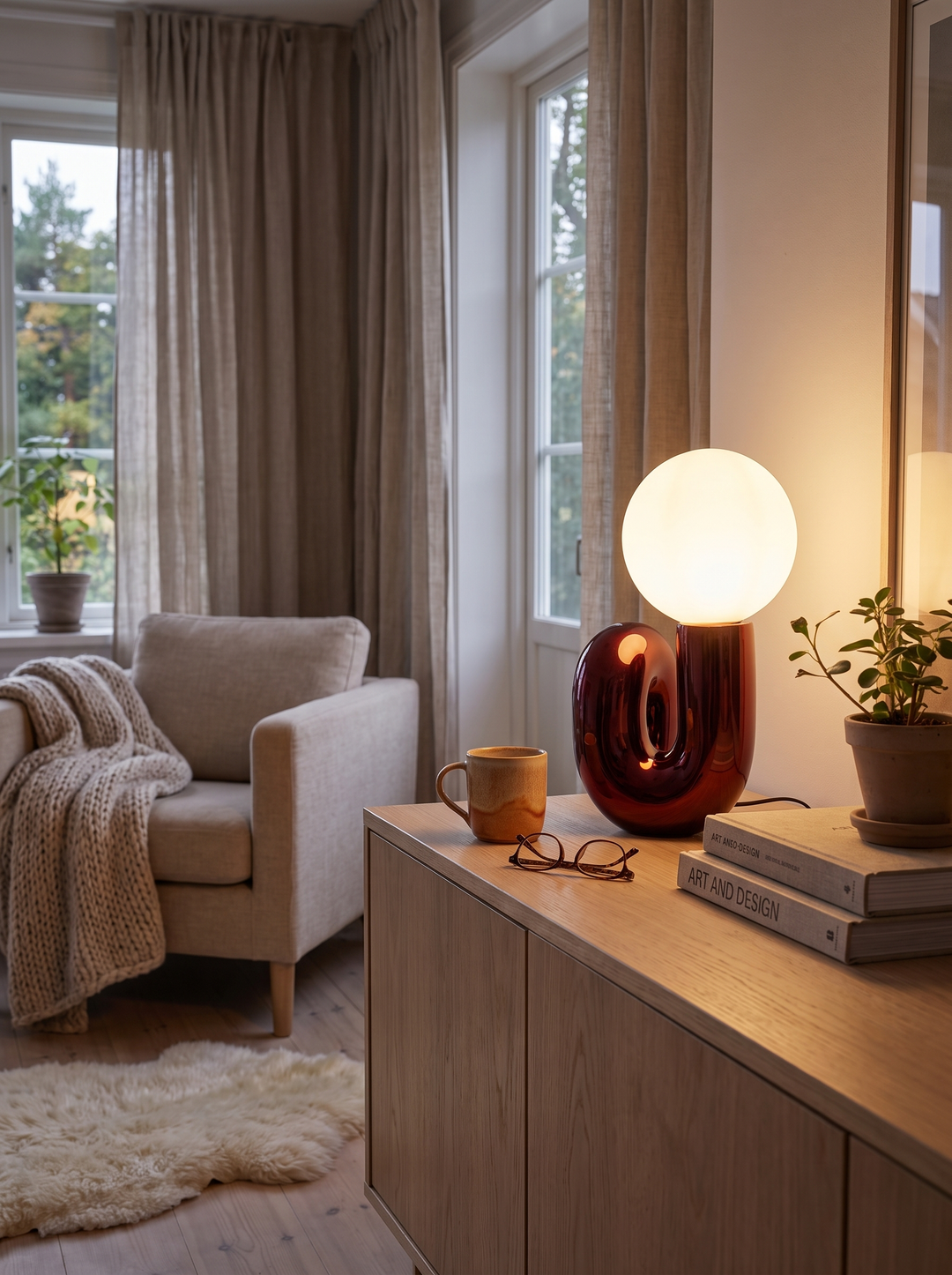 Lumenorth Loop Sculptural Table Lamp dimmed low in the evening