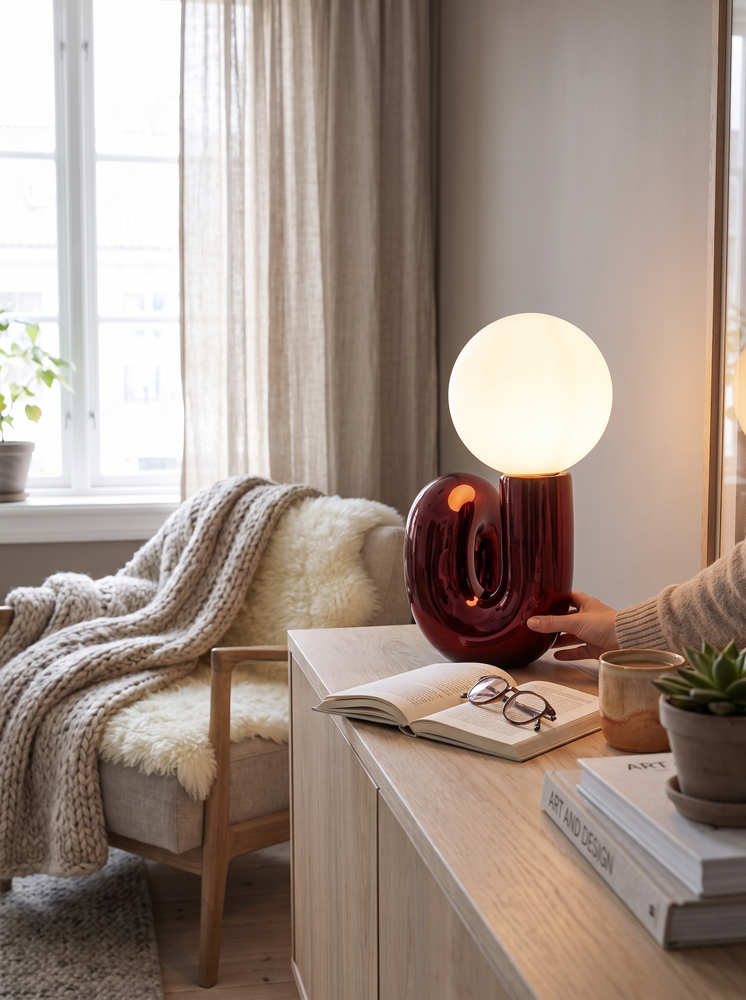 Lumenorth Loop Sculptural Table Lamp curved tube and white globe
