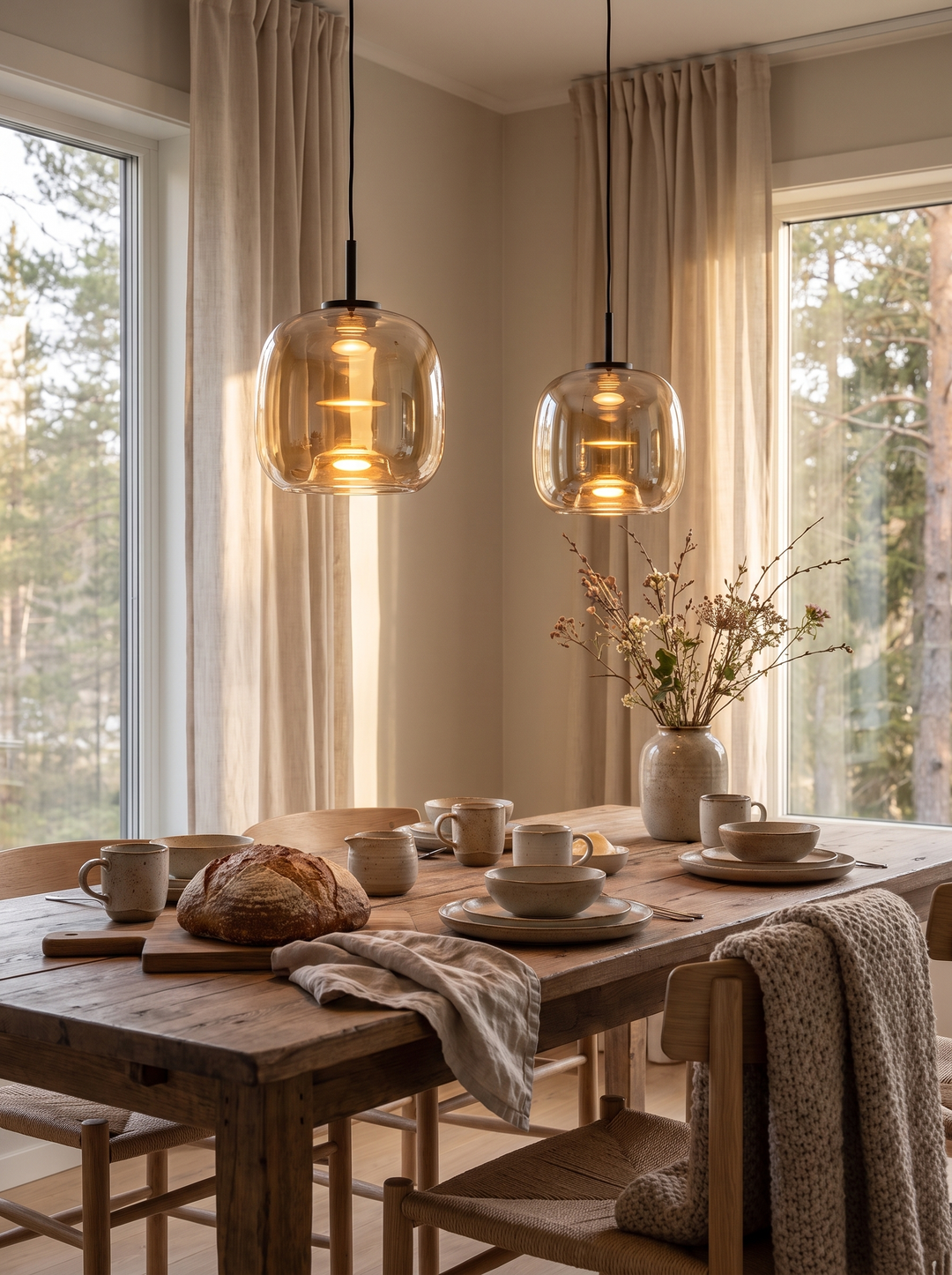 Lumenorth Bell Nordic Glass Pendant in amber glass over a dining table