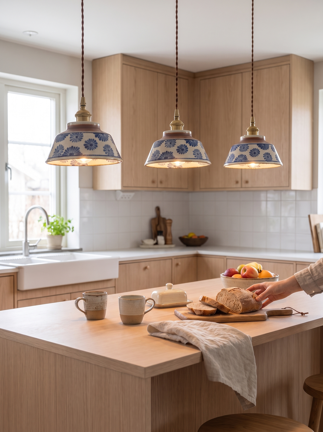 Three Lumenorth Glaze ceramic pendants over a kitchen island