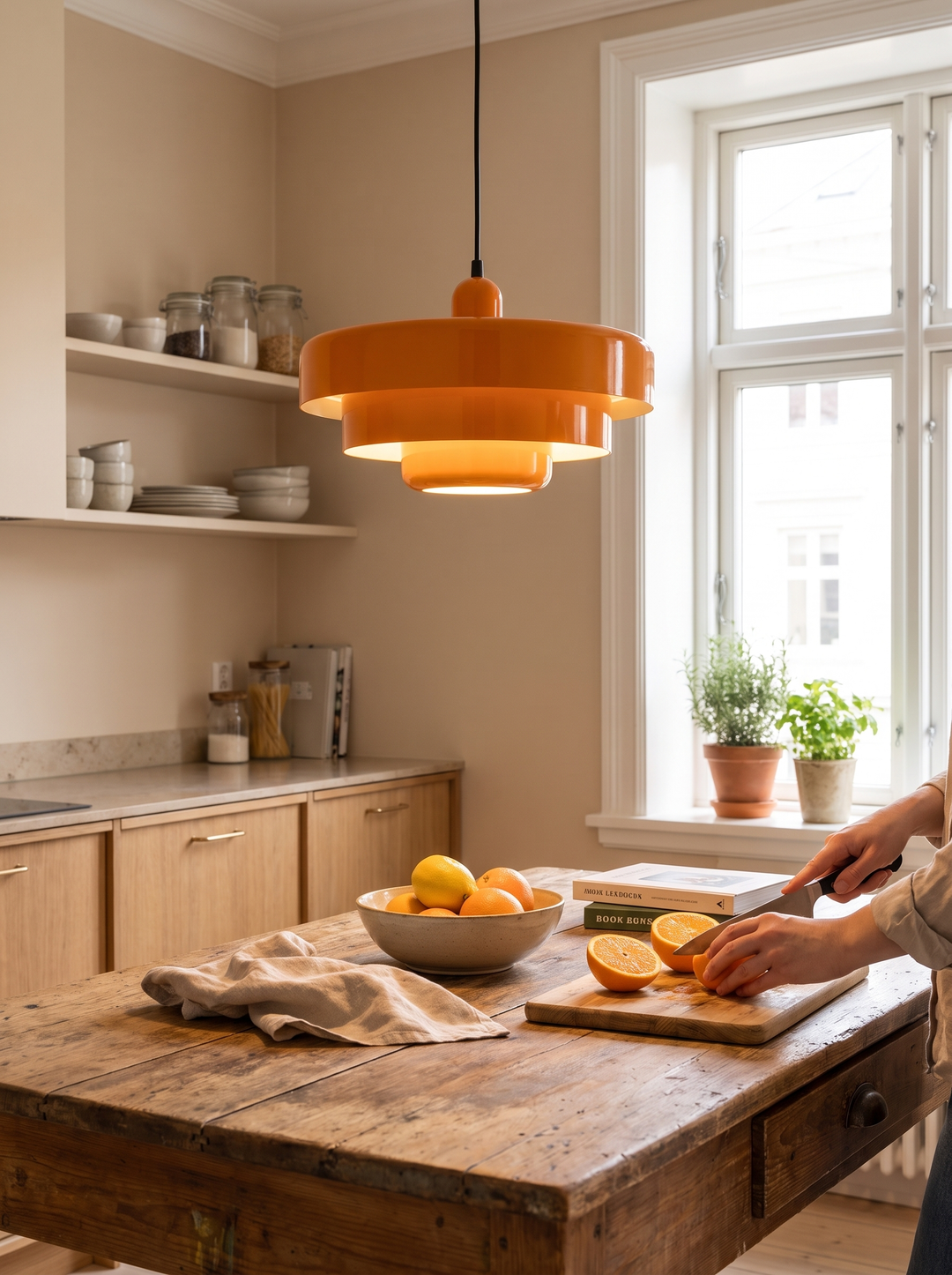 Lumenorth Orbit Retro Pendant Lamp in orange over a kitchen