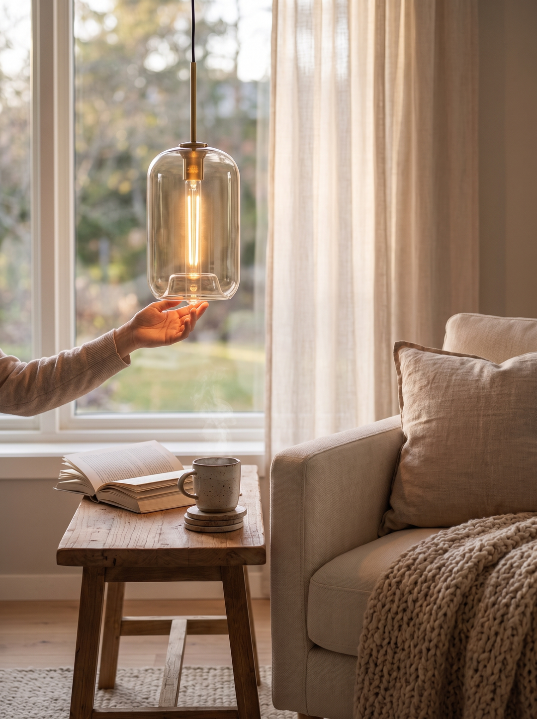 Lumenorth Tumbler Cognac Glass Pendant warming the light