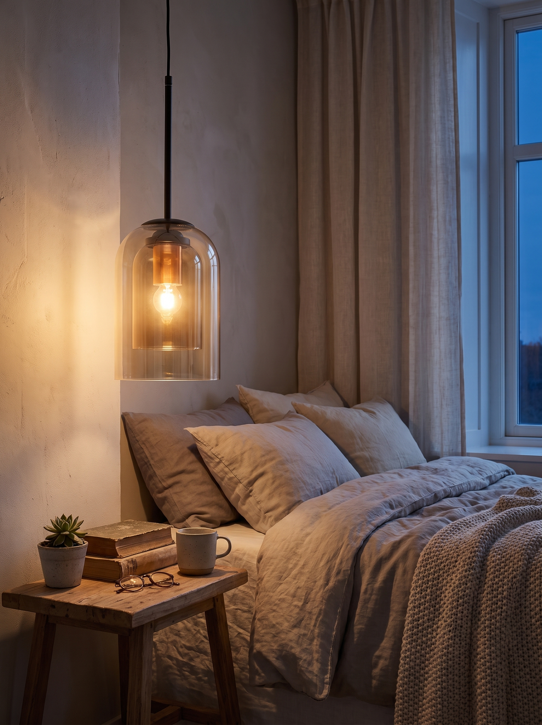 Amber glass on the Lumenorth Pearl pendant in a bedroom