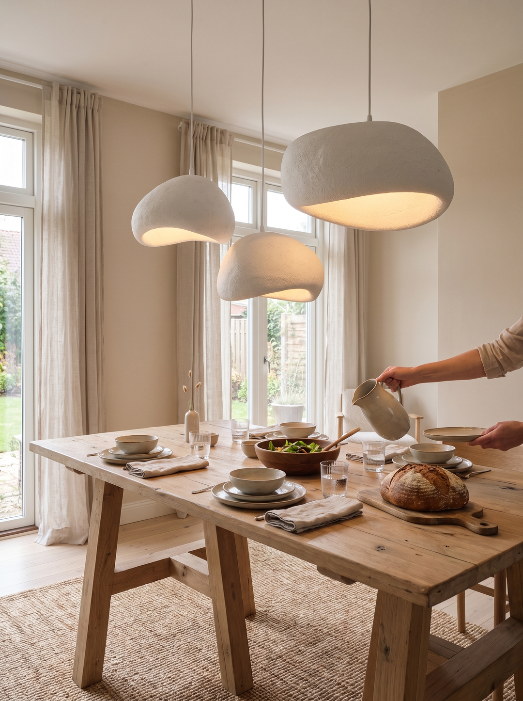 Lumenorth Boulder Stone Pendant Light hanging over a table