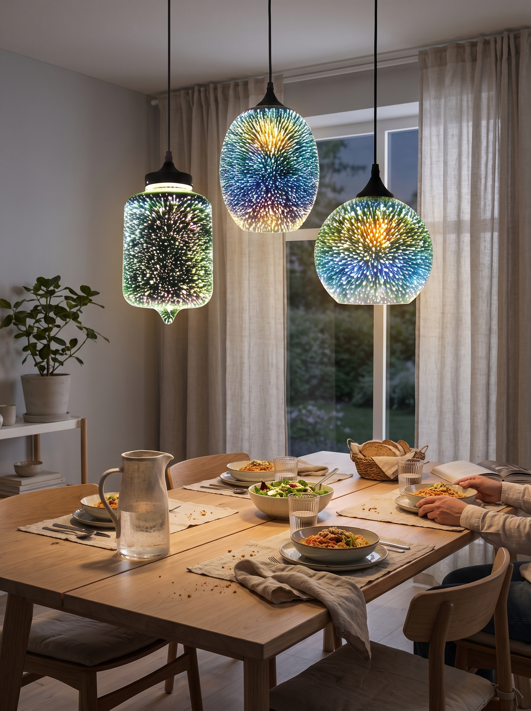 Lumenorth Prism Glass Pendant Light lit in the evening