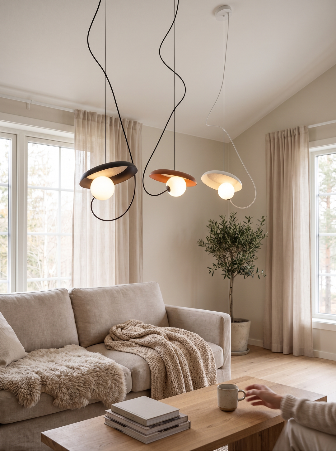 White Lumenorth Cove pendant against a pale ceiling