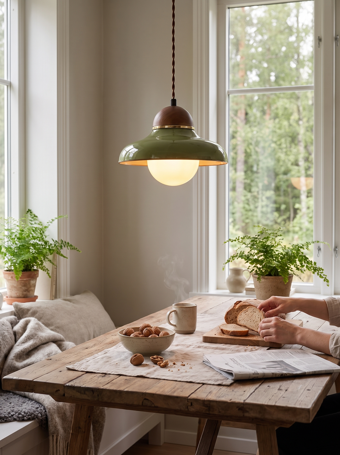 Lumenorth Fern Green Ceramic Pendant in a room with plants