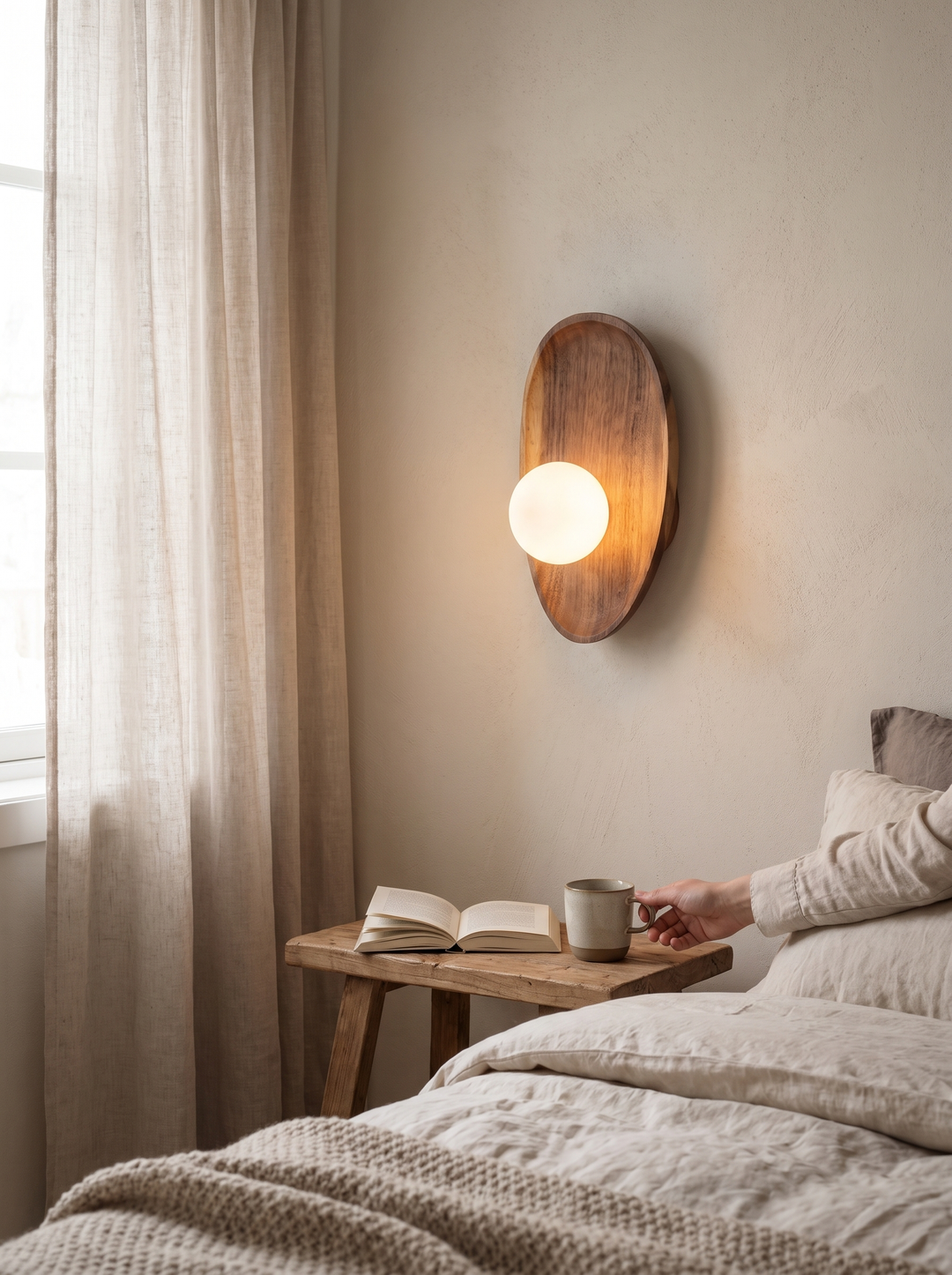 Walnut backplate and frosted glass on the Lumenorth Acorn sconce