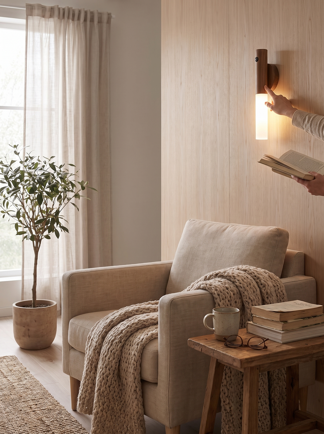 Wooden body of the Lumenorth Cedar Rechargeable Wall Sconce