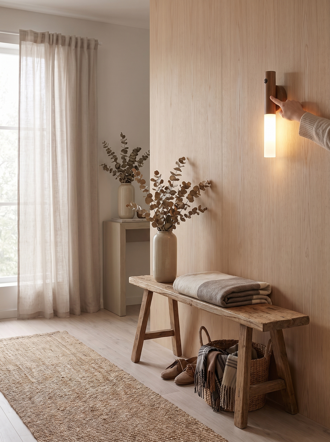 Lumenorth Cedar Rechargeable Wall Sconce lighting a stairway