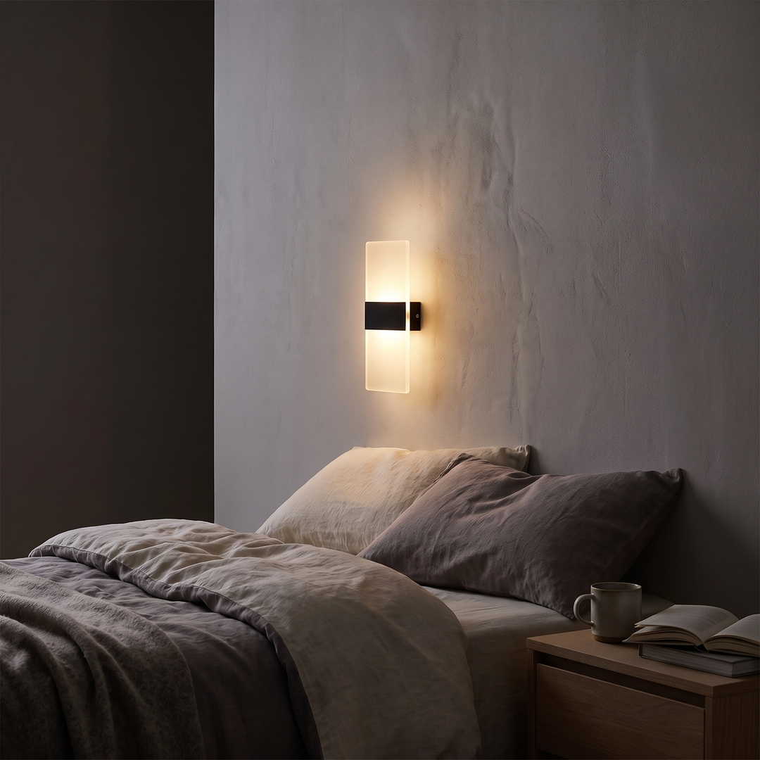 Pulse rechargeable wall light as the only light source in a dark bedroom