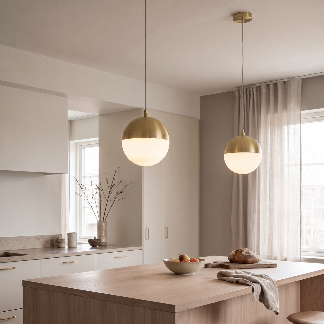 Two Anvil globe pendants hanging above a Scandinavian kitchen island