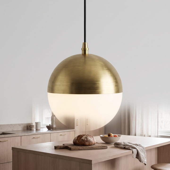 Brass and opal glass Anvil globe pendant on a light grey background