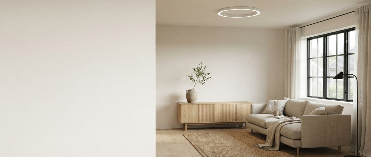 Minimalist Scandinavian living room with a slim ring ceiling light above an oak sideboard