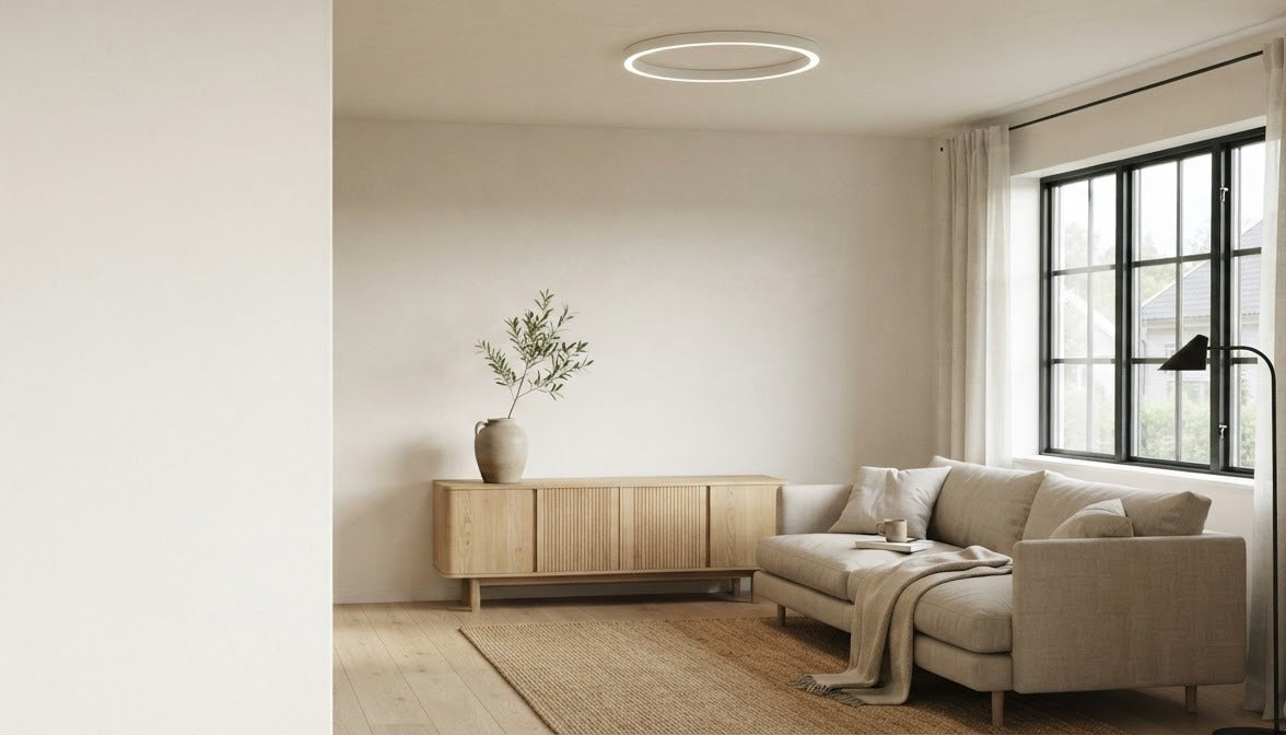 Minimalist Scandinavian living room with a slim ring ceiling light above an oak sideboard
