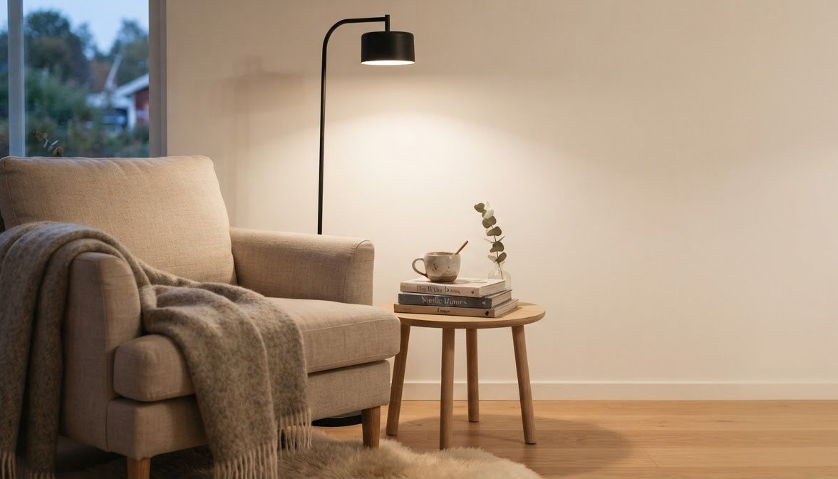 Warm reading corner at dusk with a black floor lamp beside a linen armchair