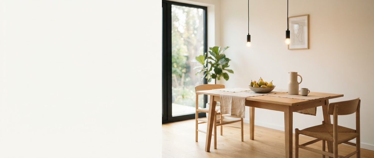 Two slim cord pendant lights above an oak dining table in morning light