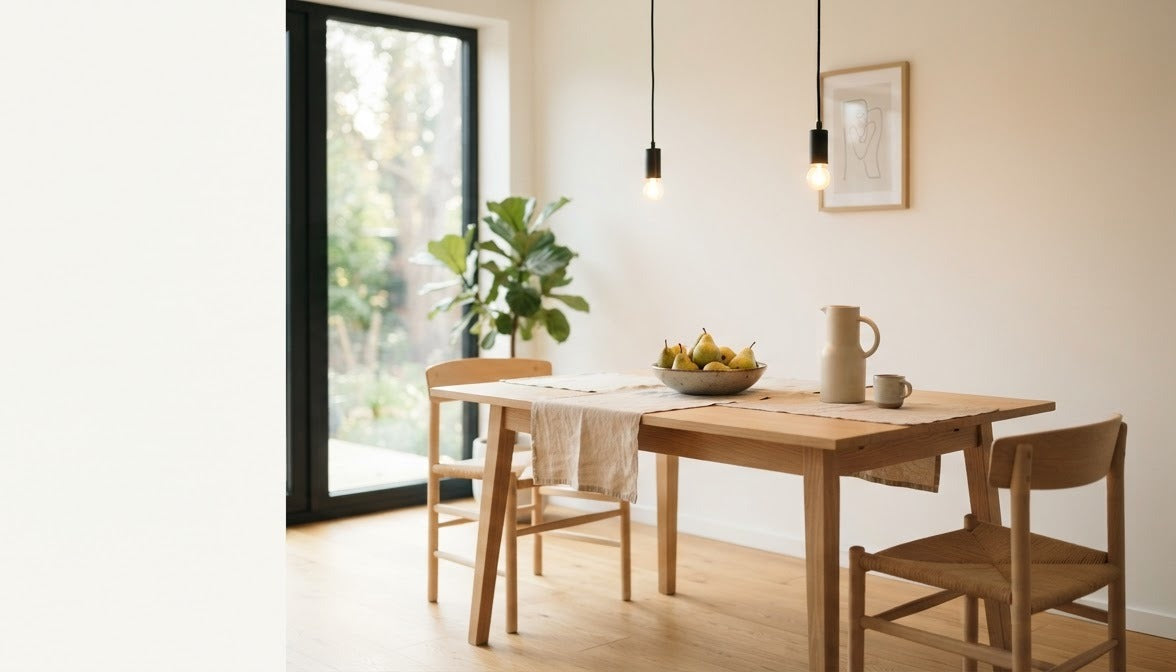Two slim cord pendant lights above an oak dining table in morning light