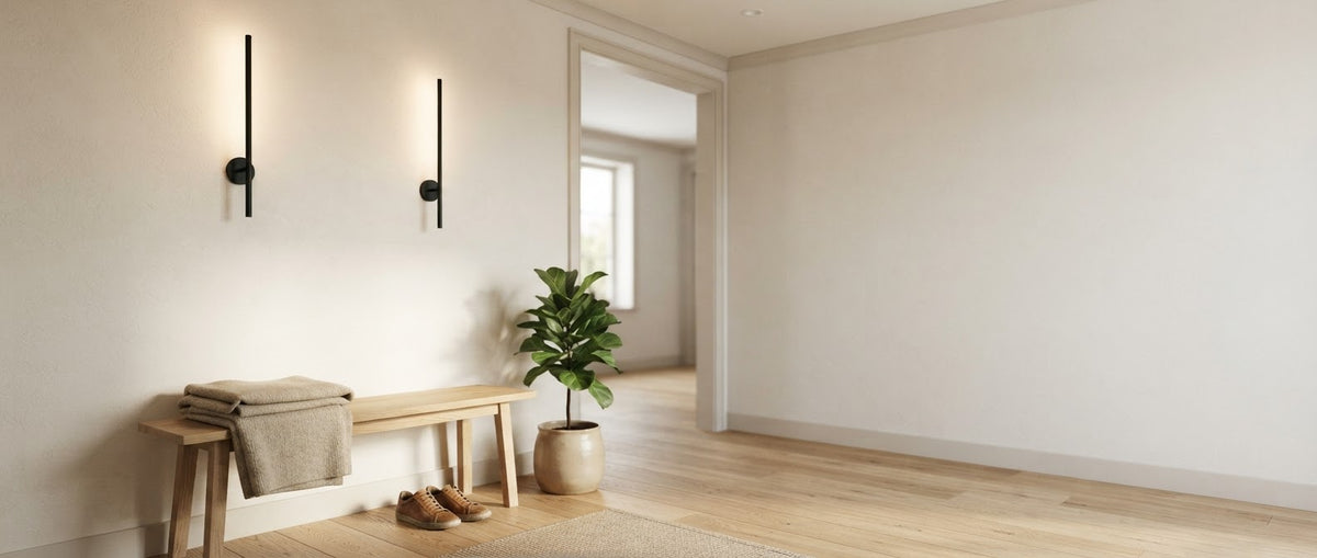 Two slim wall lights above an oak bench in a calm hallway