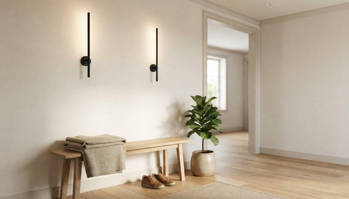 Two slim wall lights above an oak bench in a calm hallway
