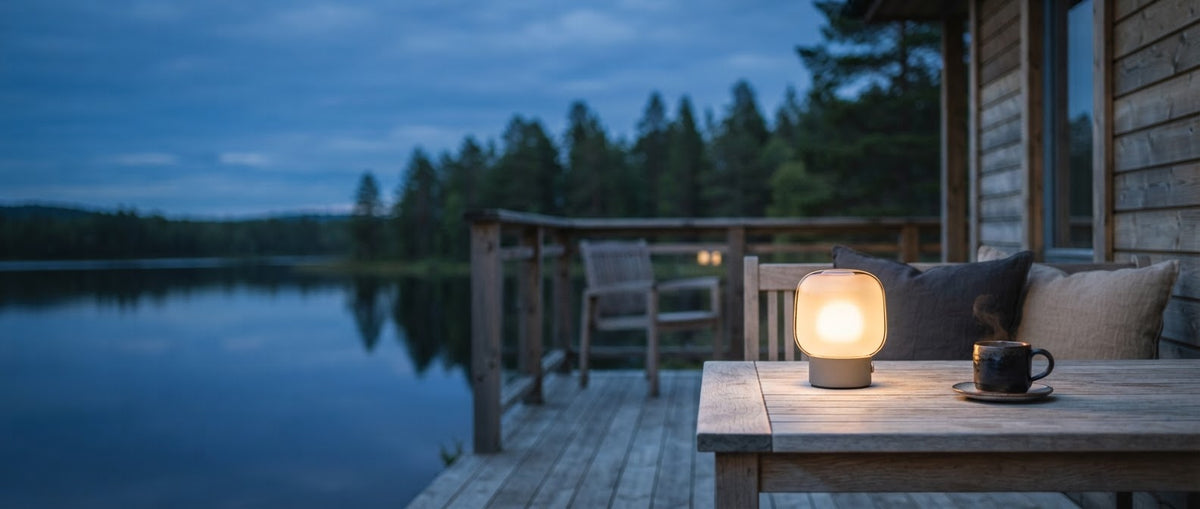 Portable lamp glowing on a wooden lakeside terrace at dusk