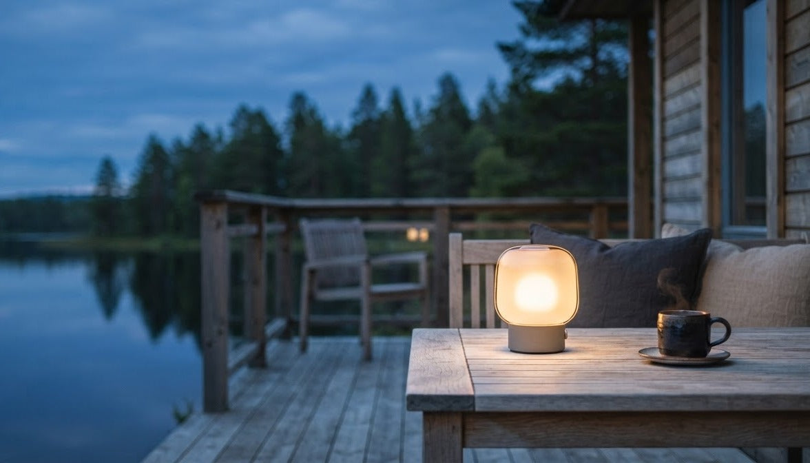 Portable lamp glowing on a wooden lakeside terrace at dusk